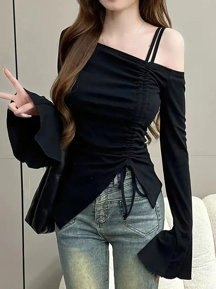 Sweet Sexy Drawstring Ribbon White Off Shoulder Top Women Basic Long Sleeve Body T-Shirt Elegant Flare Sleeve Lady Tees 250320