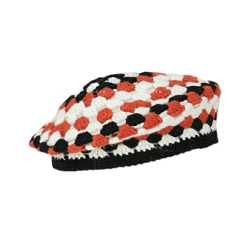 Autumn Color-blocking Crocheted Knitted Hollow Beret Cap Female Korean Retro Fashion No Eaves Painter Hats Boinas 250320