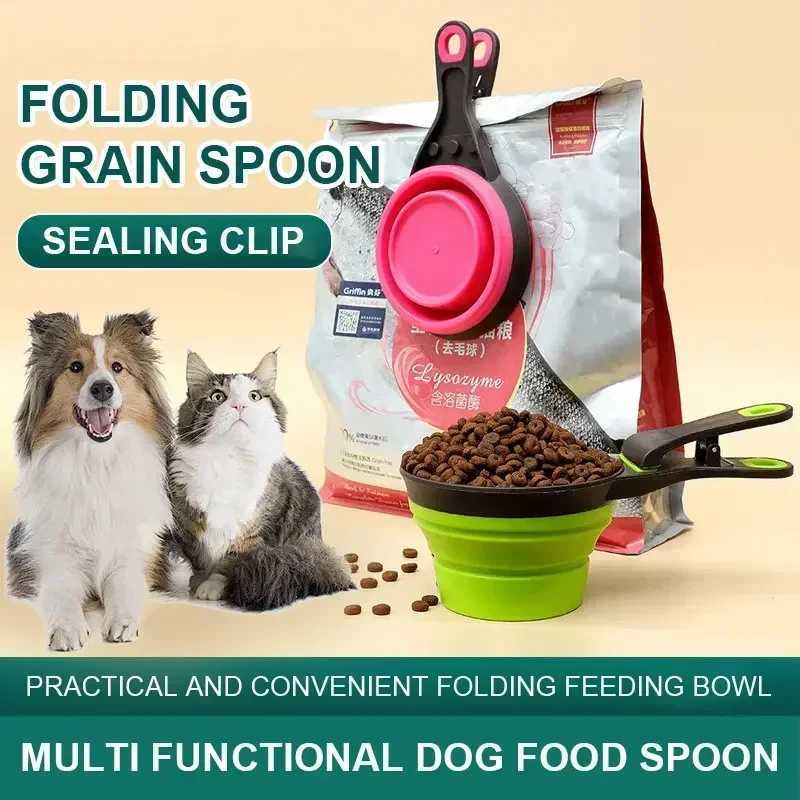 Pet folding feeder water spoon outdoor bowl cat food measuring cup dog food hairpin multifunctional and convenient pet supplies Y250319