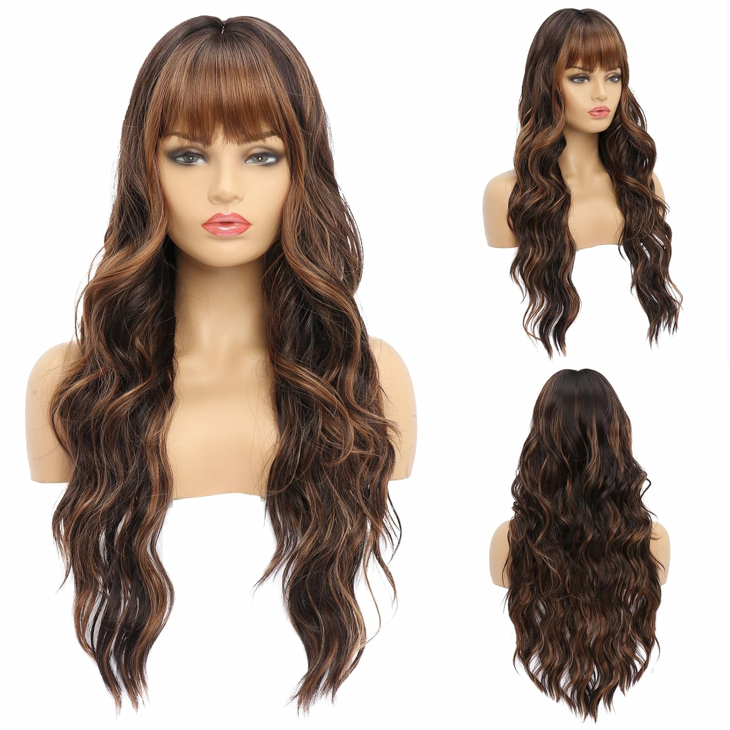 Long Brown Wavy Wigs Long Curly Wig with Bangs Natural Appearance Heat-Resistant Synthetic Wig Suitable for Fashionable Women
