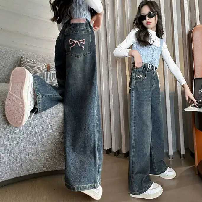 Teen Girls Jeans with Bowknot Embroidery Autumn Winter Casual Fashion Kids Wide Leg Jeans Pants School Children Denim TrousersT250326