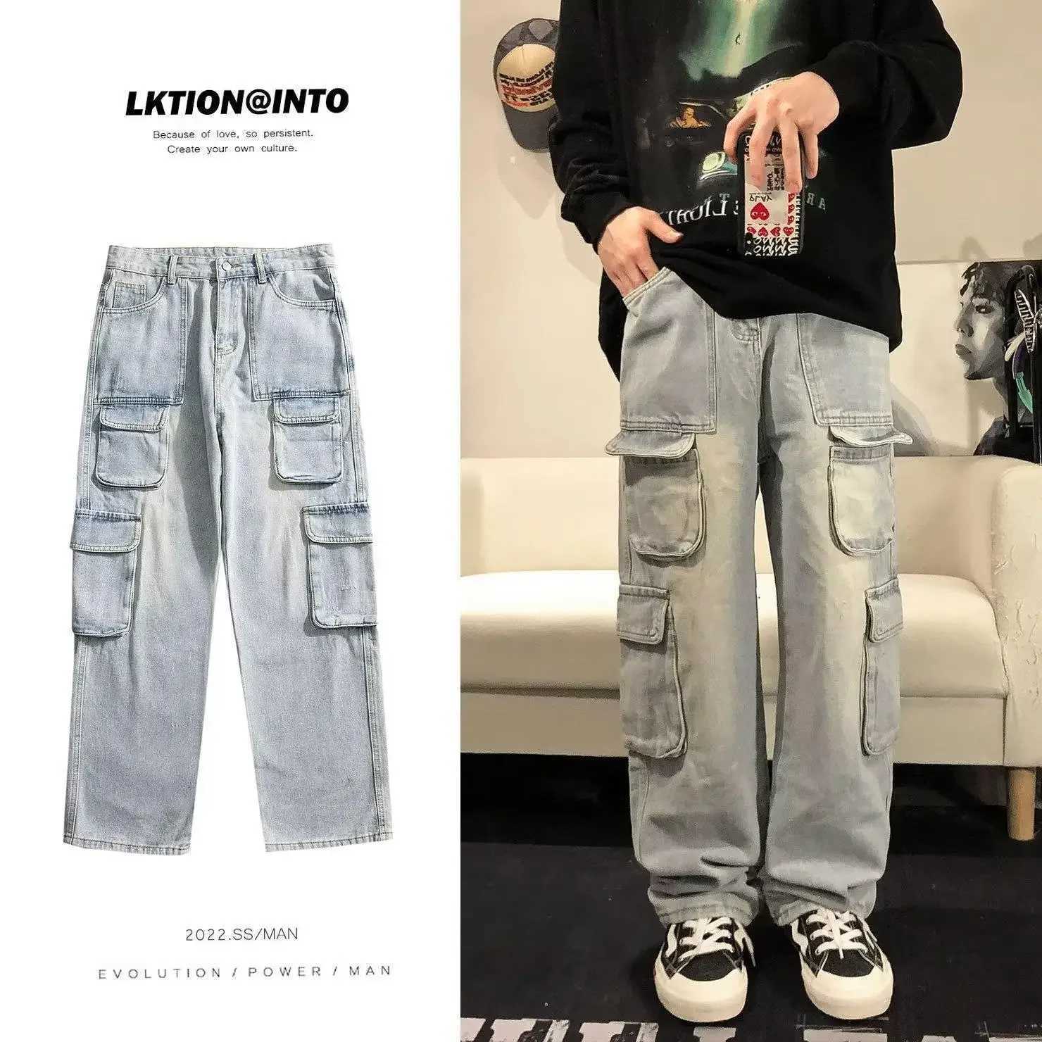 Retro jeans mens summer design sensitivity niche large pocket street goods pants fashion brand loose TrouserT250319