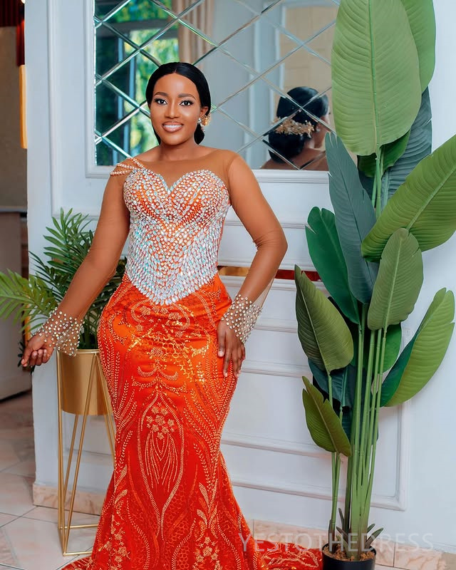 Plus Size Aso Ebi Orange Prom Dresses 2025 Mermaid Prom Dress For Special Occasions Sheer Neck Flora Illusion Beaded Lace Birthday Second Reception Go