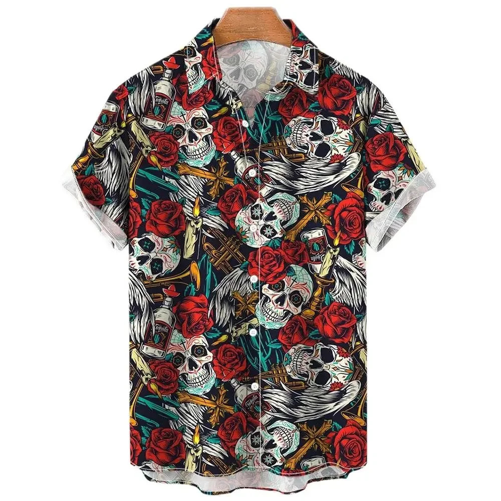 Mens sailboat skull print shirt Hawaii fashion casual rock print plus size top beach mens clothing 250318