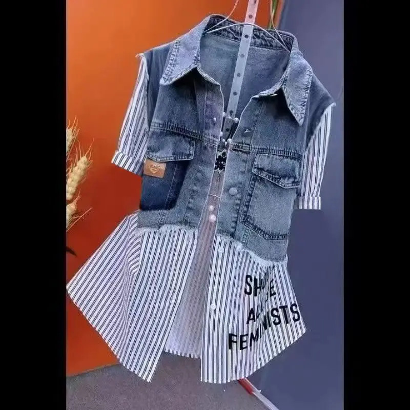 Fashion striped denim jacket for womens spring/summer sense stitched womens jacket temperature jacket 250317