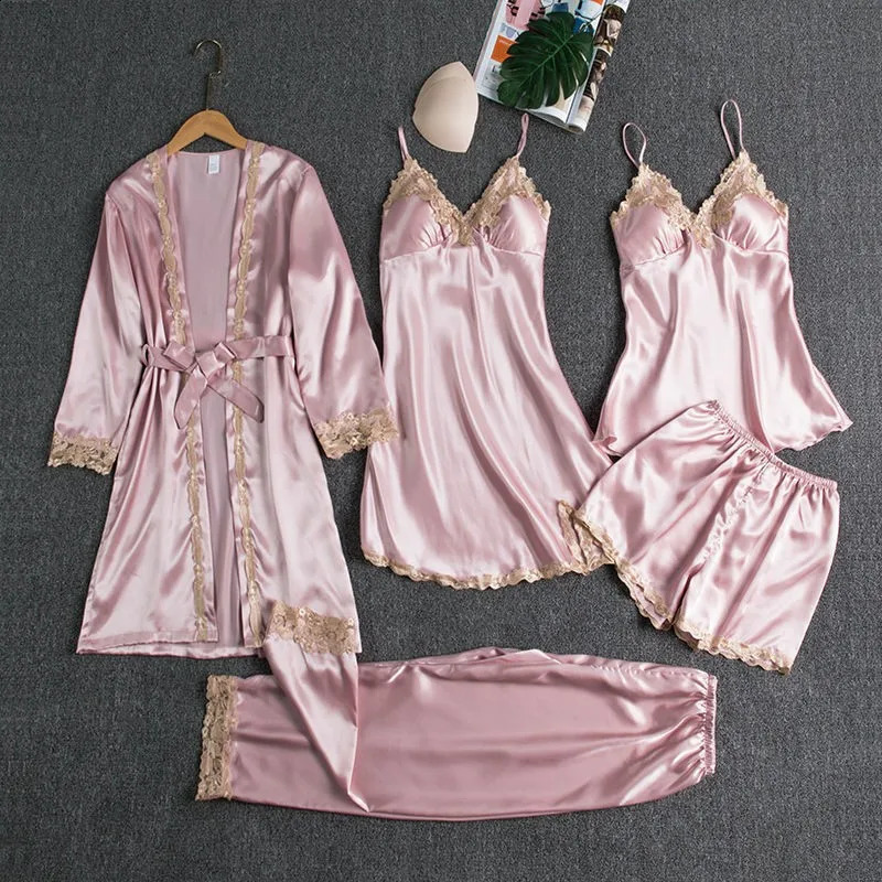 Silk Satin lace patchwork womens pajamas set top shorts Loose waist womens pajamas home with breast pad pajamas 5 sets 250319