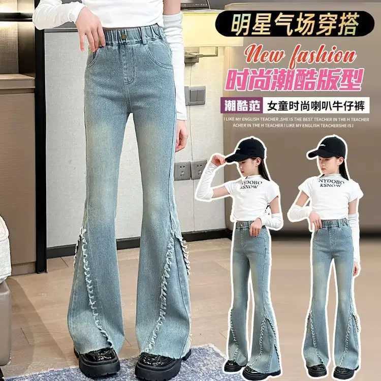 Cool Child Fashion Street Flare jeans with edges suitable for girls vintage blue boots cut denim Trouser teenage childrens casual jeansT250326