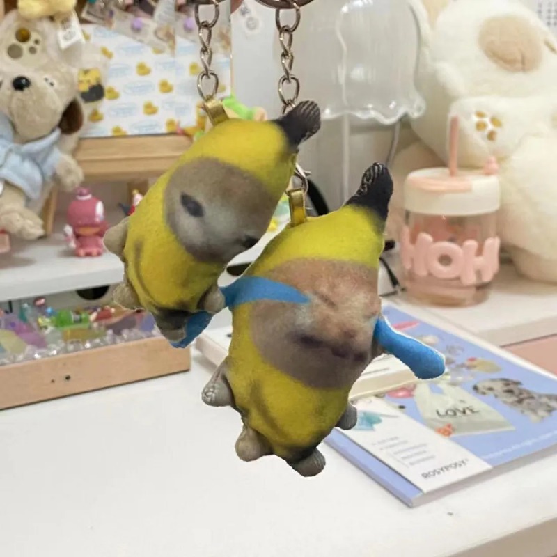 Funny Banana-Cat Plush Keychain - Cute Cry Face for Bags & Cars