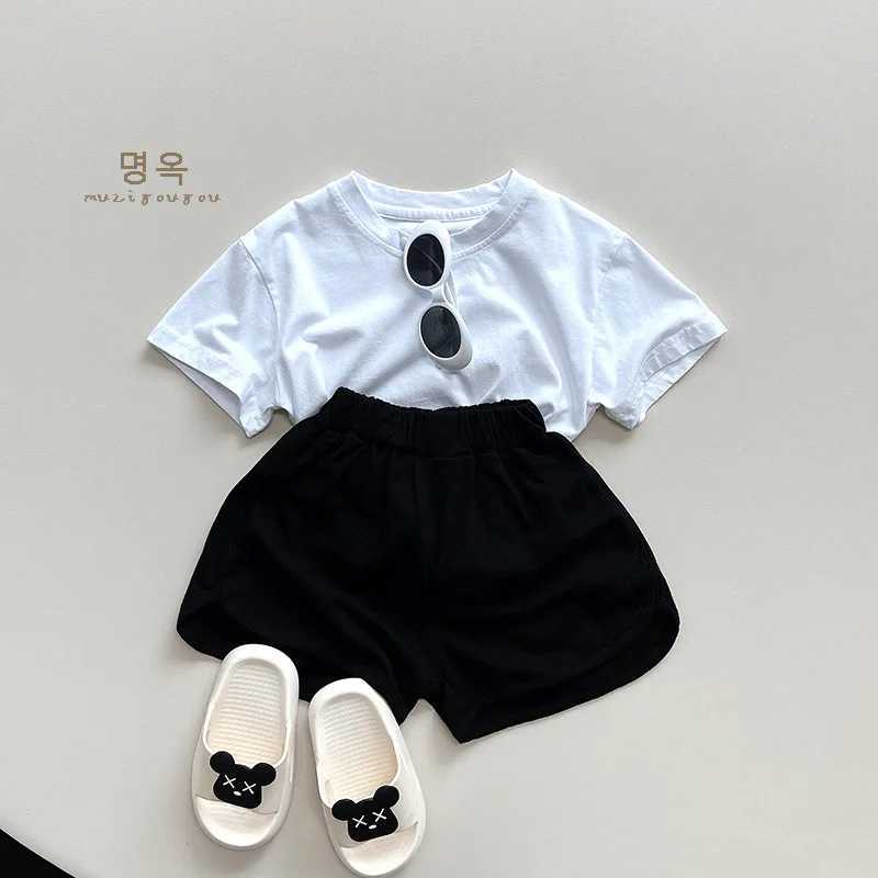 5054 Childrens Basic T-shirt 2025 Summer Black and White Grey Boys Short sleeved T-shirt Casual Loose TopT250320