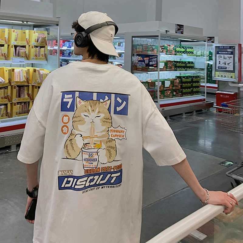 Harajuku cat cartoon noodle graphic mens T-shirt casual short sleeved T-shirt Japanese style oversized T-shirtT250319
