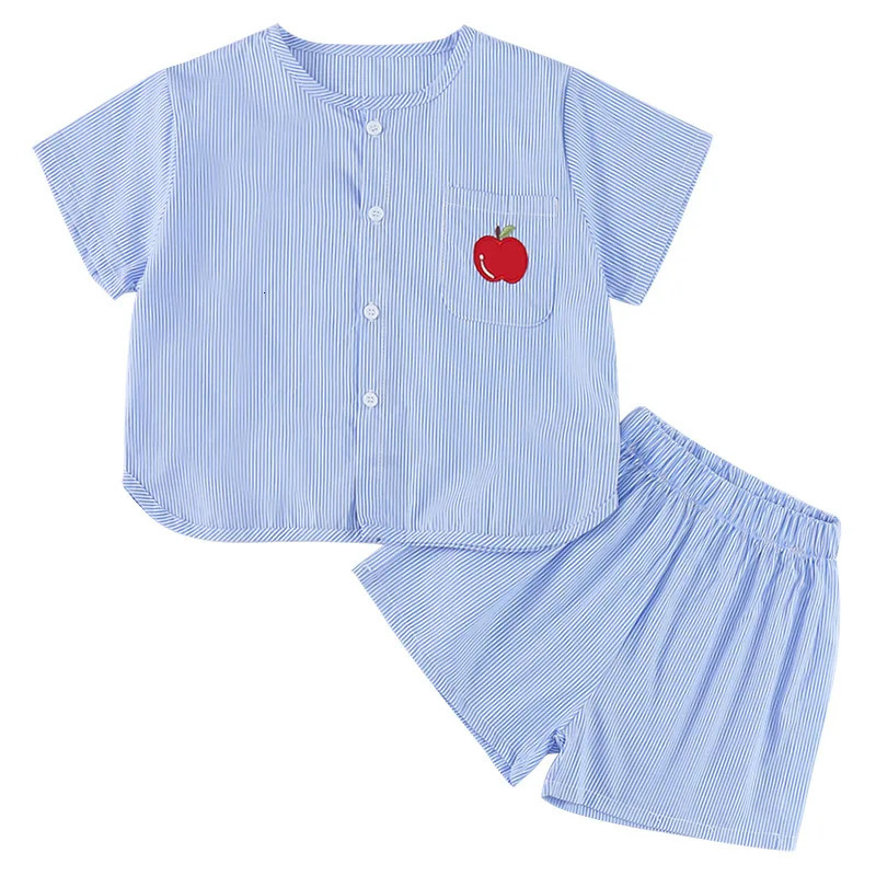 Summer Vacation Style Clothes Set Classic Vertical Stripes Girls Dress Apple Embroidery Shirt Shorts Boys 2Pcs Suit 250319