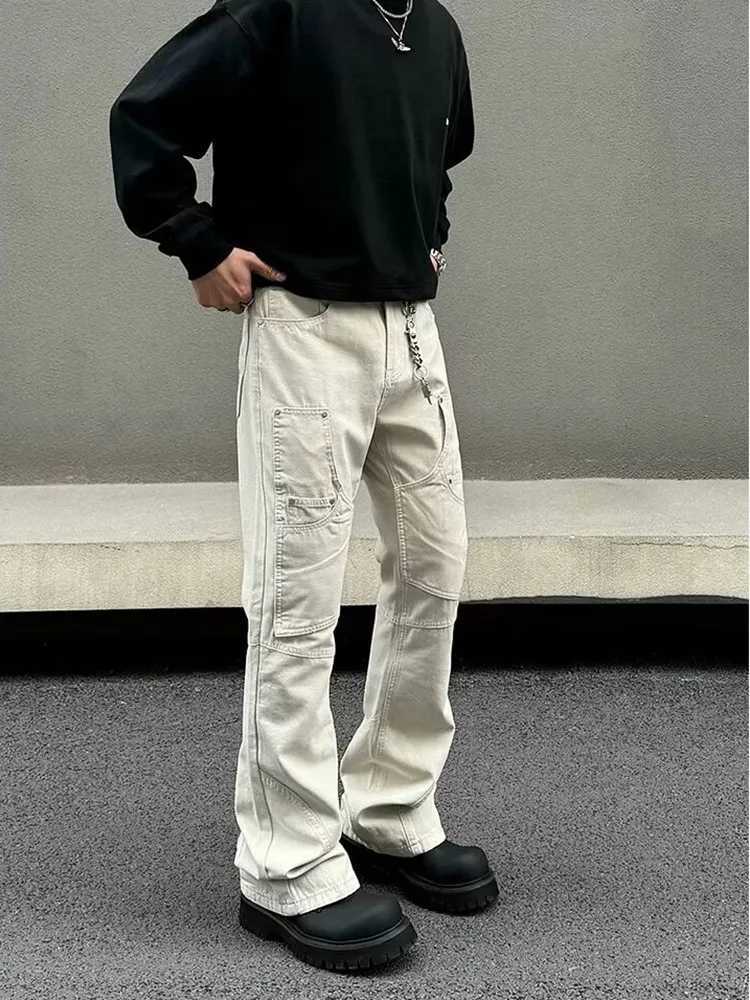2025 Ropa Y2K Fashion Wash White Ultra Thin Cargo Jeans Mens Clothing Multi Pocket Korean Casual Mens Cotton PantsT250319