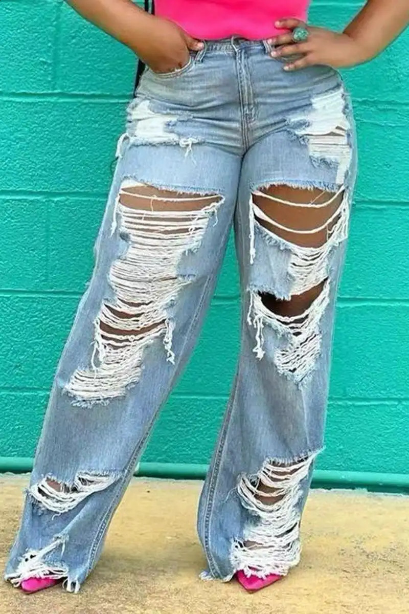 Plus Size Casual Denim Hollowed Out Wide Leg Pants Ripped Jeans 250319
