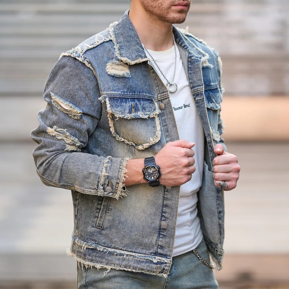Men Autumn Streetwear Fashion Solid Ripped Slim Denim Jacket High quality Male Holes Casual Coat 250317