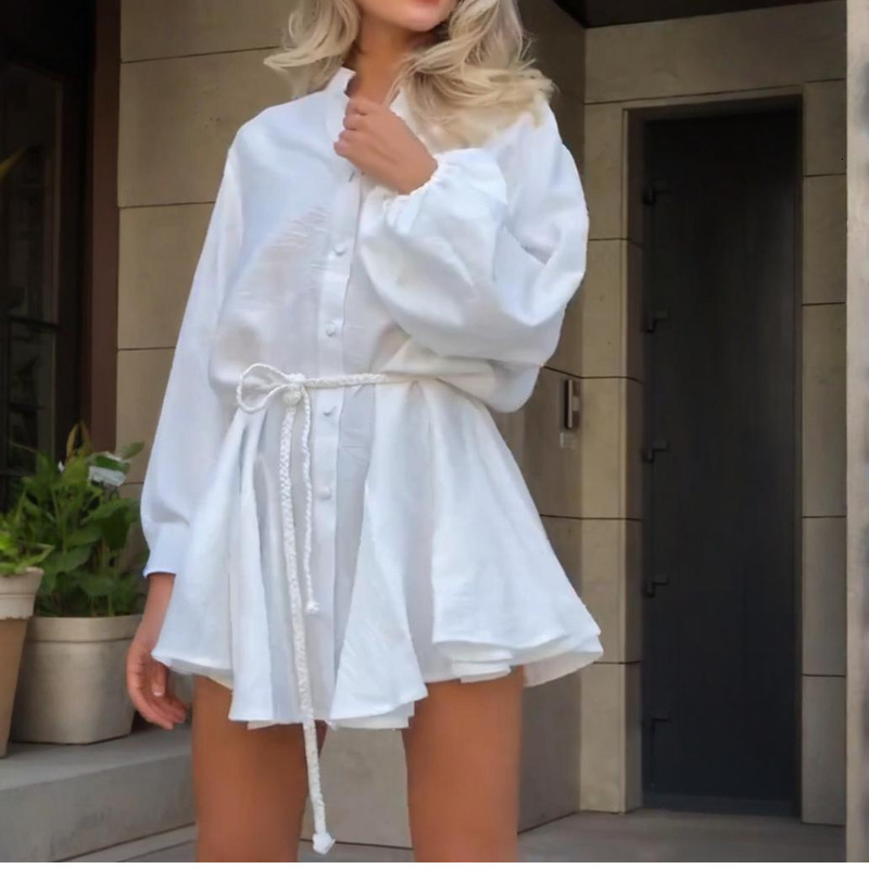 2025 summer new lapel button solid color long sleeved women's sexy slim fit dress