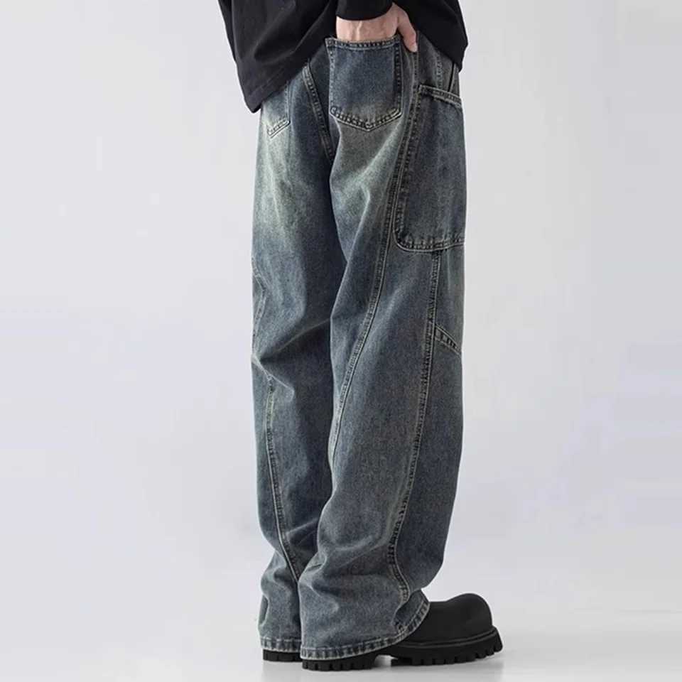 Yao888 casual loose retro washed old-fashioned simple clean style pants unisex Y2k wide leg patchwork jeansT250319