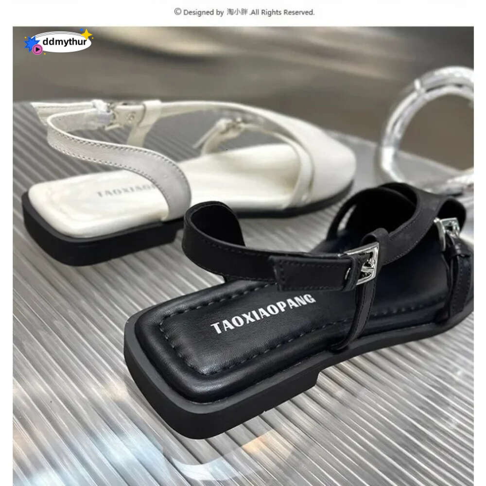 2024 Summer New Baotou Hollow Soft Leather Flat One Word Buckle Casual Fashion Women Platform Sandals ddmythur