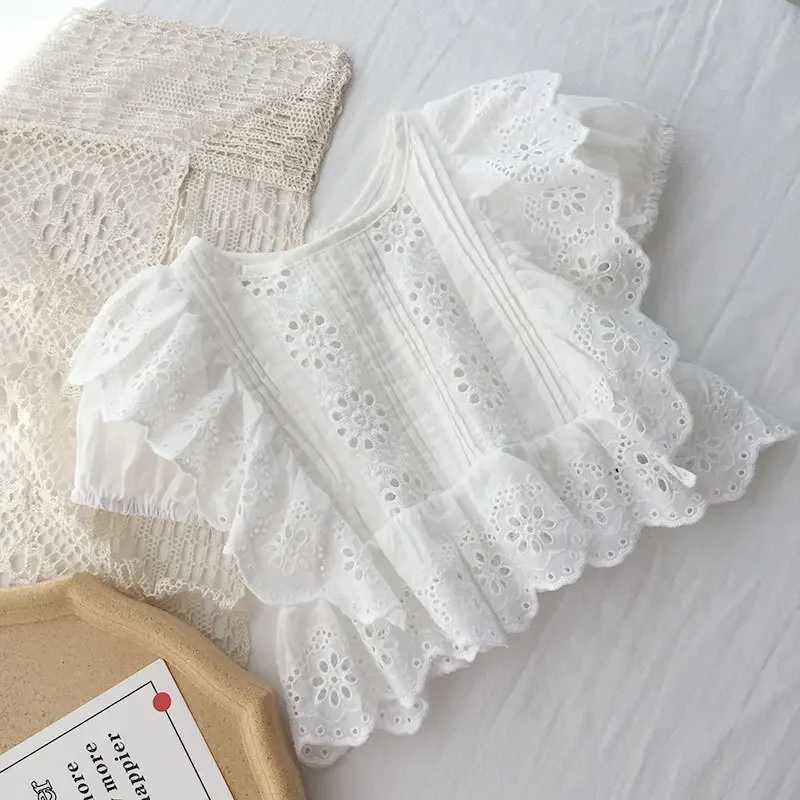 Girls shirt summer short sleeved cotton Korean hollowed out lace baby dress doll shirt childrens top whiteT250320