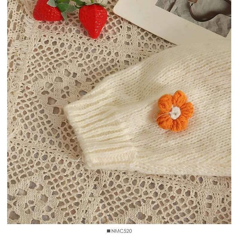 dongdumaoyi 2024 New Autumn Colourful Applique Flower Cardigan for Women Cute Long V neck Knit Crop Sweater Girl Soft Knitwear