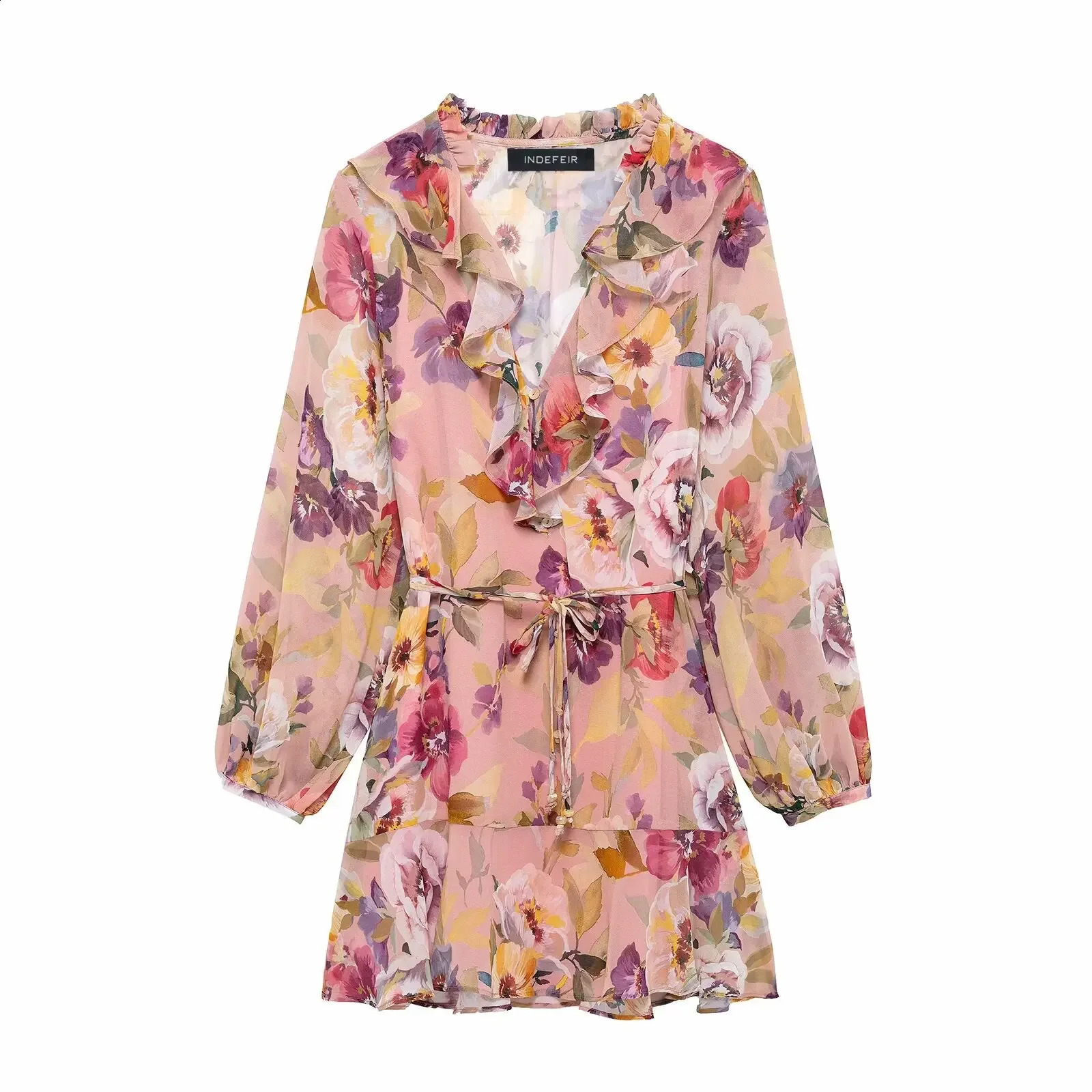 French printed laminated decorative womens clothing 2025 girl vacation Vneck fluffy sleeves waist pleated short skirt 250319