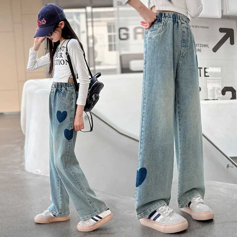 Fashion girl heart-shaped pattern jeans spring children wide leg Trouser childrens casual Korean version loose jeans 120-170cmT250326