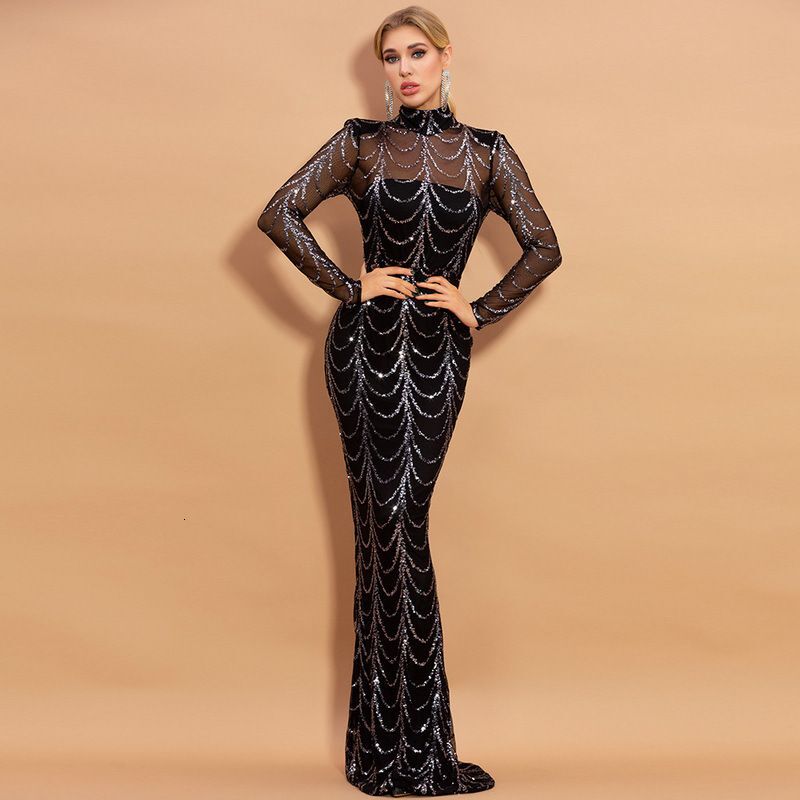 Women's Clothing Sleeved Black Traig Sexy Perspective Striped Sequined Long Evening Dress