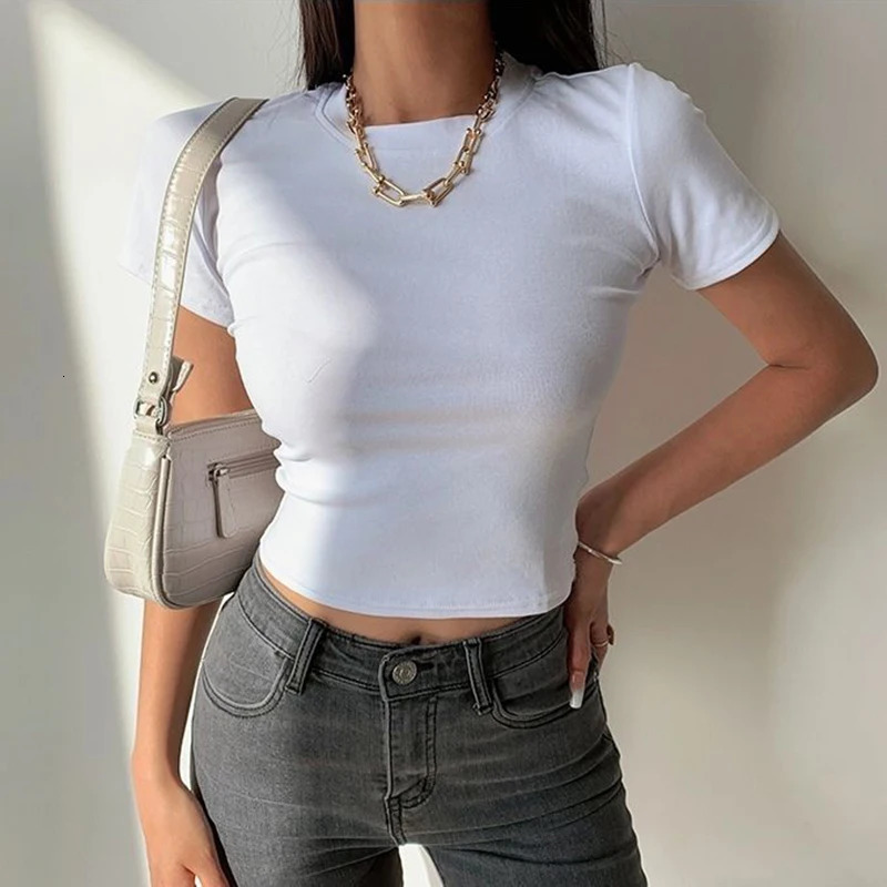 Short Sleeve T-Shirt Women Solid Simple Casual Soft All-Match Basic Crop Tops Tees Summer Fashion Skinny Tops Black White 250320