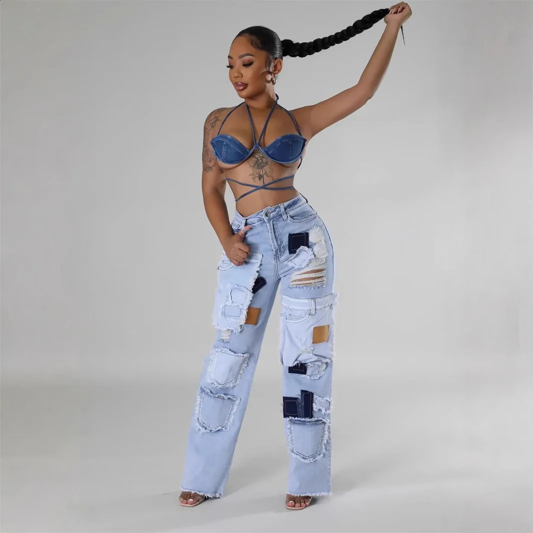 Womens Denim Pants Jeans Straight Trousers Long Pants Hole High Waist Y2k Streetwear Pockets Mom Jeans Spring Hollow Out 250314