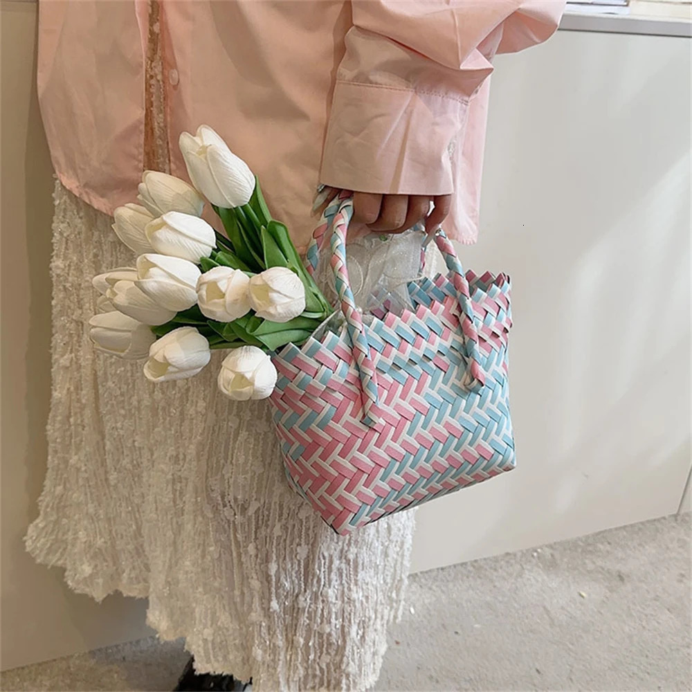 Summer Trend Hand Woven Handbag Square Little Basket 2025 New Straw Cute Colorful Bags Hundred Collision Color Holiday Beach Bag R250320