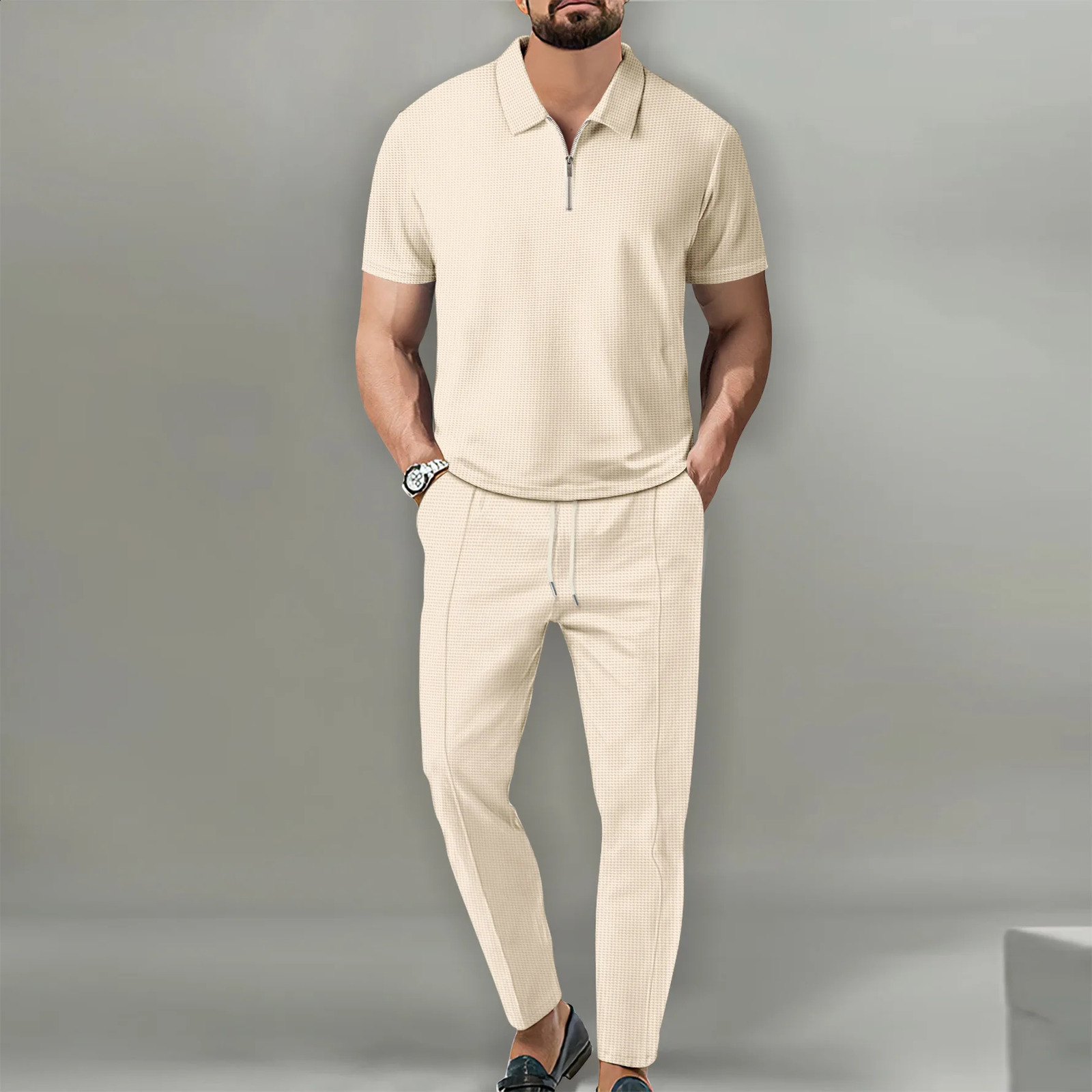 mens polo shirts 2 sets of casual and fashionable commercial breathable lapels pants drawstring solid color mens 2 sets 250318