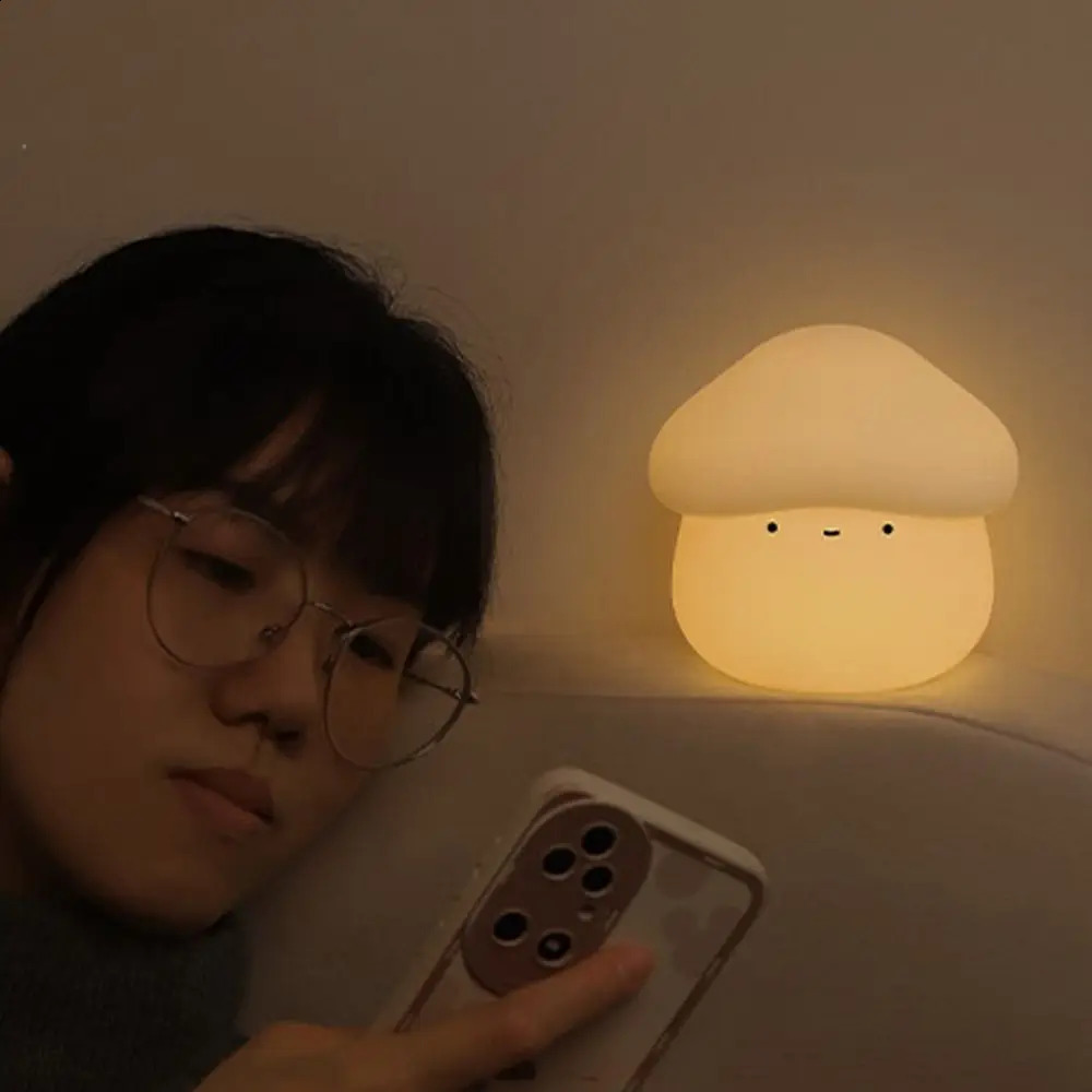 Room Decor Silicone Mushroom Night Lamp Soft Dimmable LED Bedside Lamp Creative USB Charging Sleeping Light Bedrooms 250319