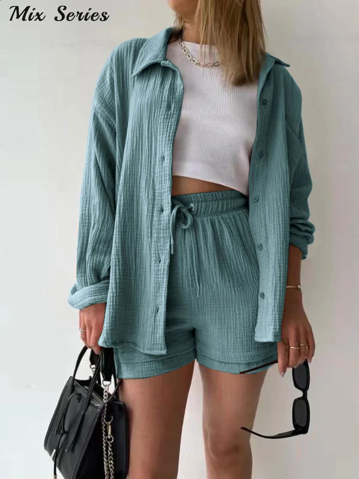 Solid pleated collar top shorts set for women oversized single chest full sleeved shirt lace pants spring womens clothing 250318