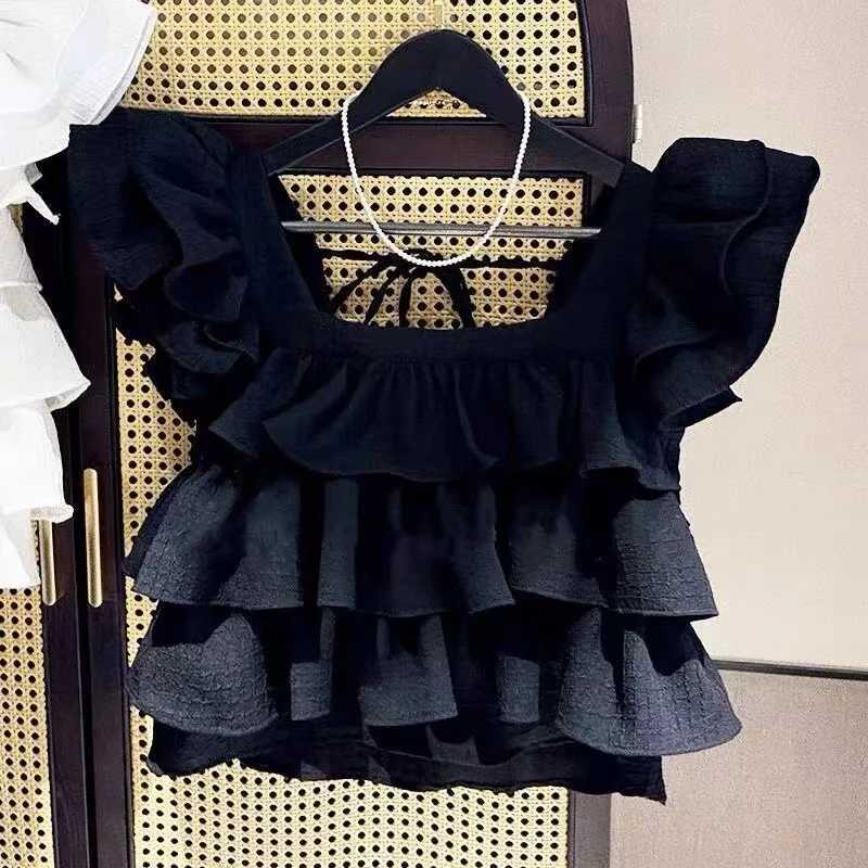 Blouses Girls Summer New Korean Solid Color Edge Flying Sleeve Square Collar Shirt Fashion Tank Top Trend 2024 Simple FashionT250320