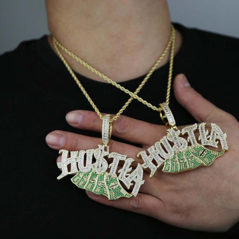 Iced Out Bling Letter Hustla Pendant Necklace Gold Color Full CZ Zircon Money Charm Men Fashion Hiphop Jewelry 250320