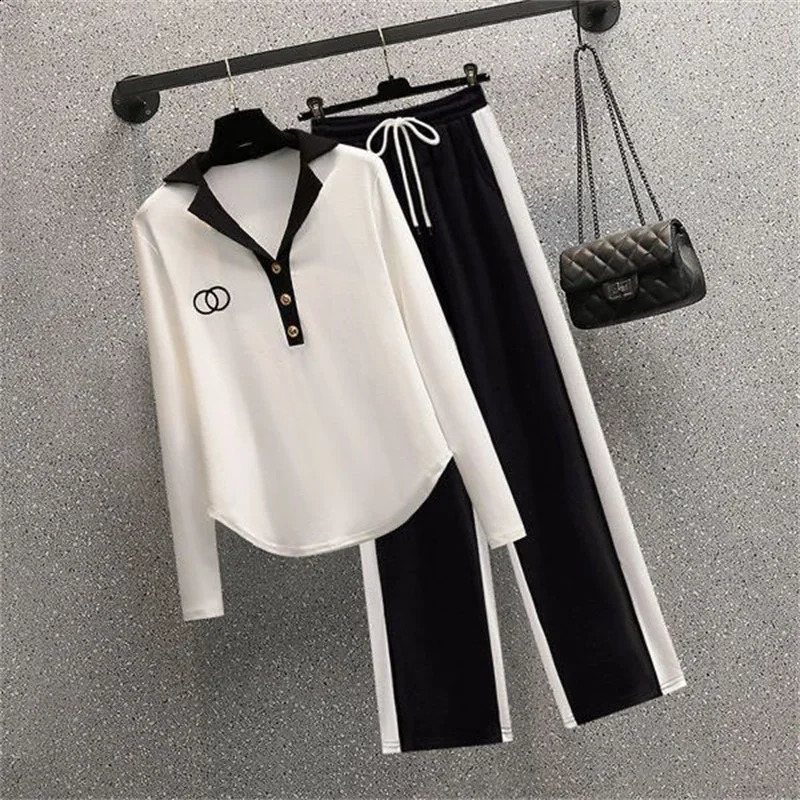 Autumn Polo Neck Long Sleeve Casual Splicing Wide Leg Pants Two Piece Set Womens Pants Set 250318