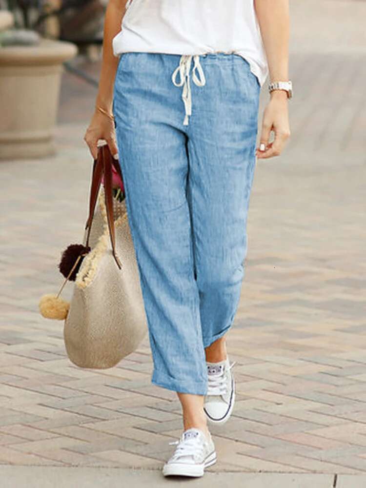 Women Cotton En Wide Leg Pants Summer Female Elastic Waist Drawstring Solid Loose Trousers Jyfs-1616