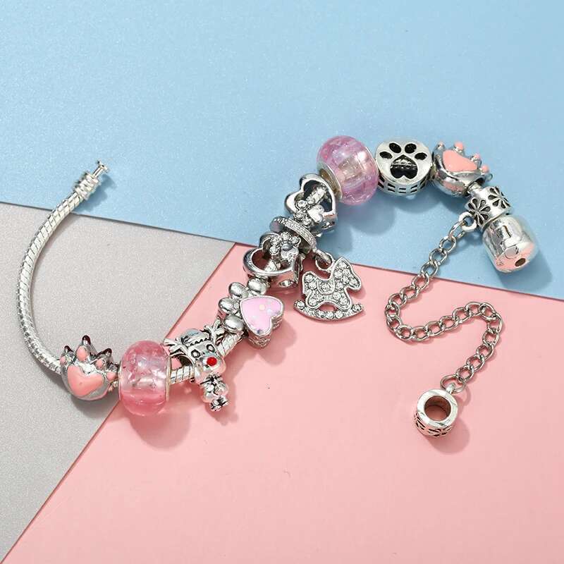 Lovely Animal Styles Charm Bracelet With Pink Paw Beads Bracelets Bangles For Women Kids Spring Jewelry Gift Dropshipping