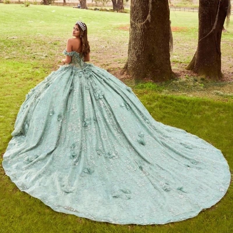 Mint Green Quinceanera Dresses Ball Gown Charming Sequin Lace Beaded Flower Tull Corset Off Shoulder Sweet 16 Dress Lace-up Vestidos 15 De Anos