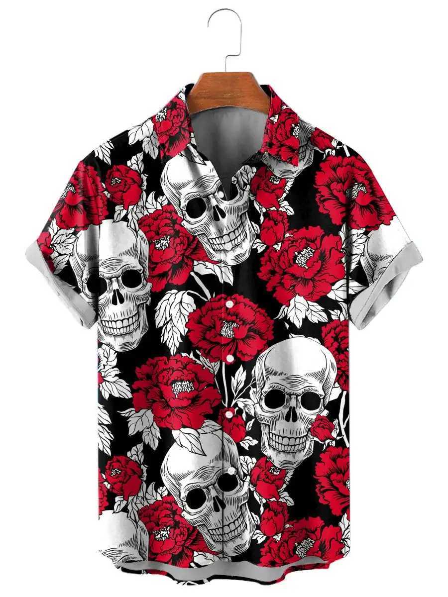 Fashion Skull Floral Mens Shirts Funny Skull 3D Print Streetwear Short Sleeve Tees Hawaiian Shirt Print Lapel Shirts For Men M250320
