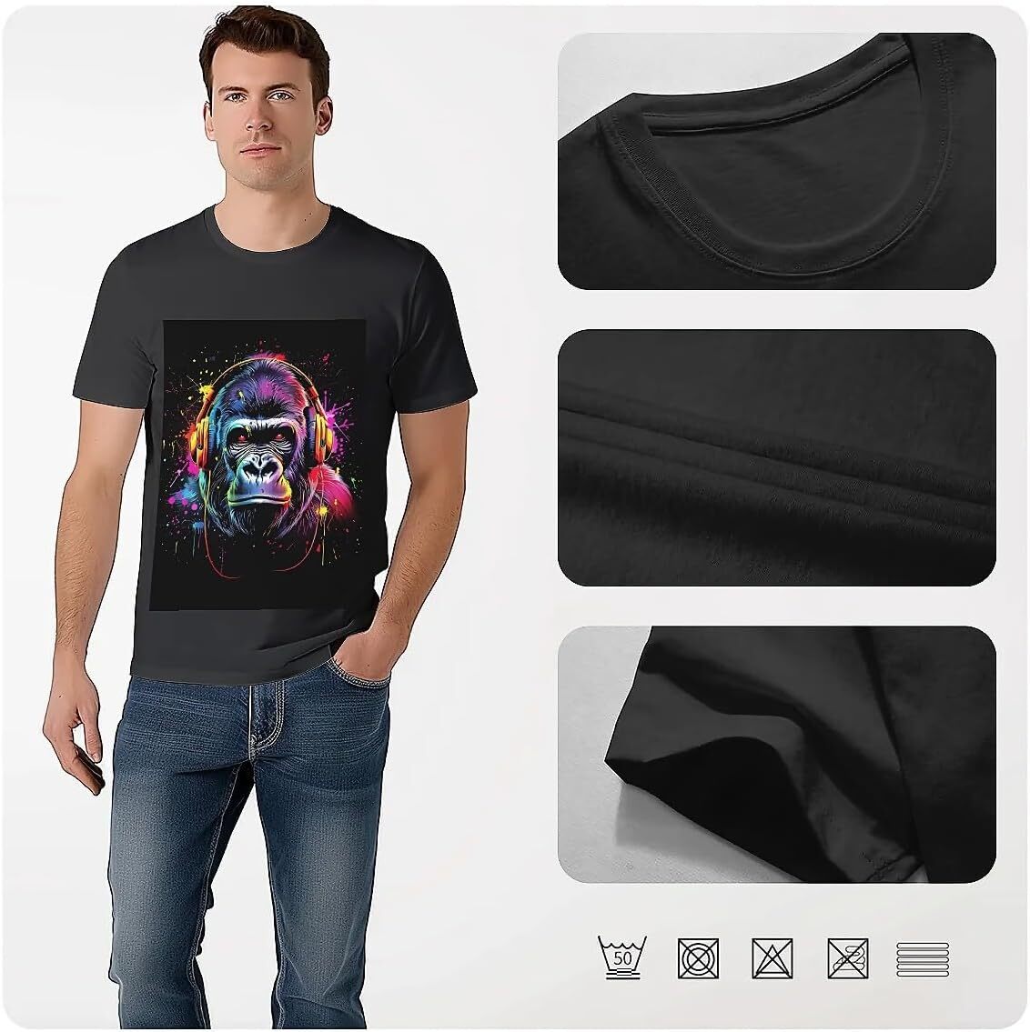 T shirt for Mens Mens Novelty T-Shirts Graphic 2D Print Summer Short Sleeve Colorful Gorilla Headphones Shirts Tshirt Graphic Tee Casual Tops Clothes 