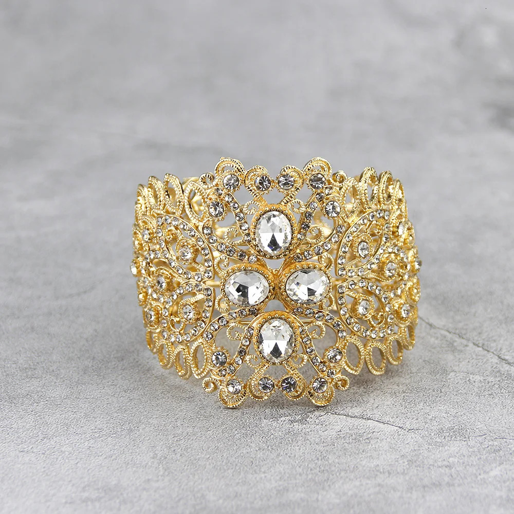 Sunspicems Gold Color Wide Arabic Bangle Morocco Rhinestone Cuff Bracelet for Women Dubai Ethnic Wedding Jewelry Wholesale 250320