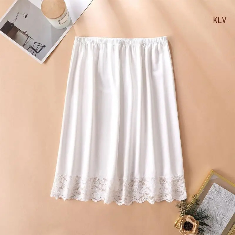 Women Knee Length Half Slip Underskirt Elastic Waist Solid Color Lace Trim Petticoat Basic Half Skirt for Under Dresses 250320