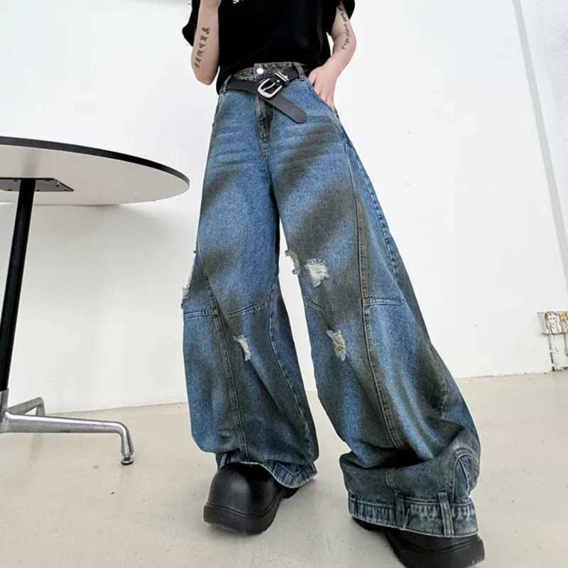 IEFB American Style Mens Jeans Dirty-dye Flip Design Wide Leg Pants High Street MenWear Male Denim Trousers New Stylish 9C7025T250319