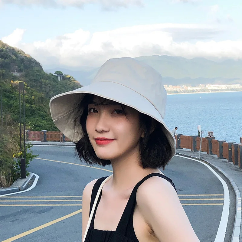 Summer Bucket Hat for Women Big Wide Brim Outdoor Soft Cotton Solid Color Sun Hats Portable Foldable Panama Cap Lady 250320