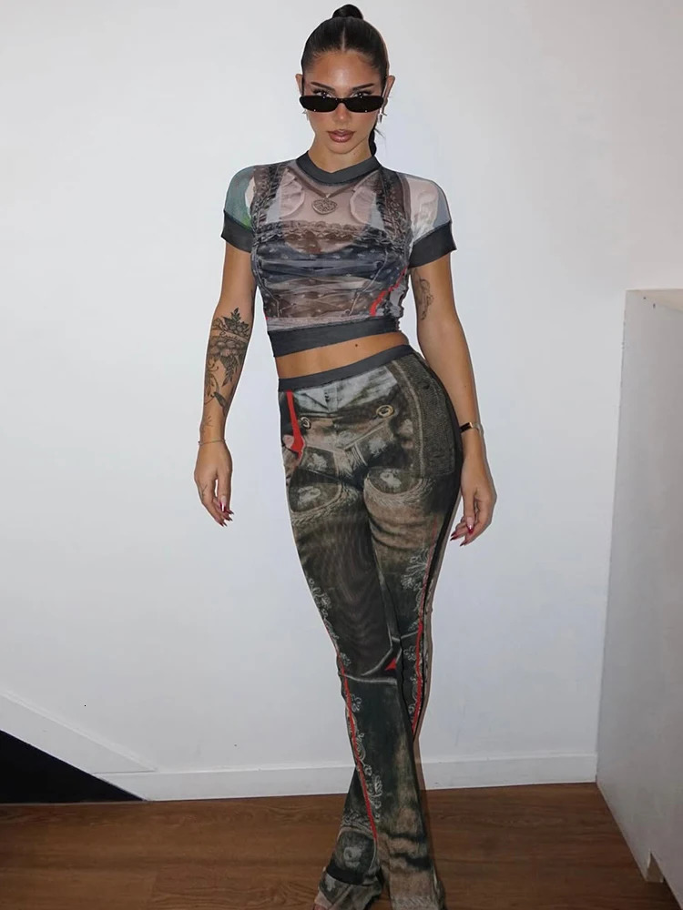 Weird Puss Sexy See Through 2 Piece Set Women Vintage Print Shorts Sleeve Crop TopsFlare Pants Matching Midnight Club Outfit 250320