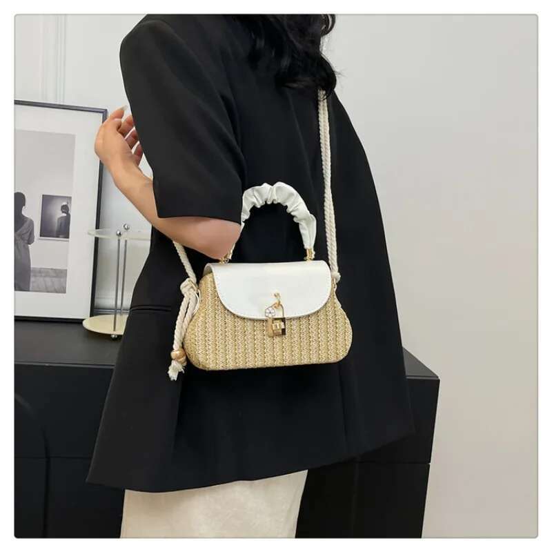 Summer New Straw Single Shoulder Crossbody Pleated Handbag Mini Fashion Box Bag Beach Holiday Ethnic Wind Woven Bags