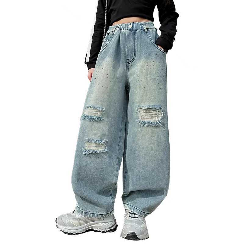 Girls torn denim wide leg pants childrens jeans girls high waisted loose casual style childrens clothing spring and autumn TrouthersT250326