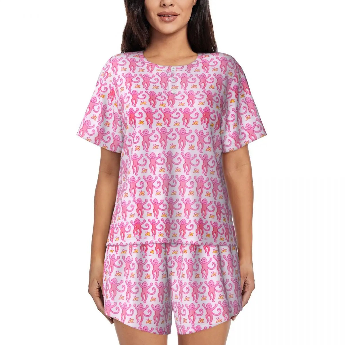 Womens Preppy Roller Monkeys Rabbit Pajamas Set Custom Printed Anime Pink 2 Piece Pjs Sets Short Sleeve Sleepwear Loungewear 250319