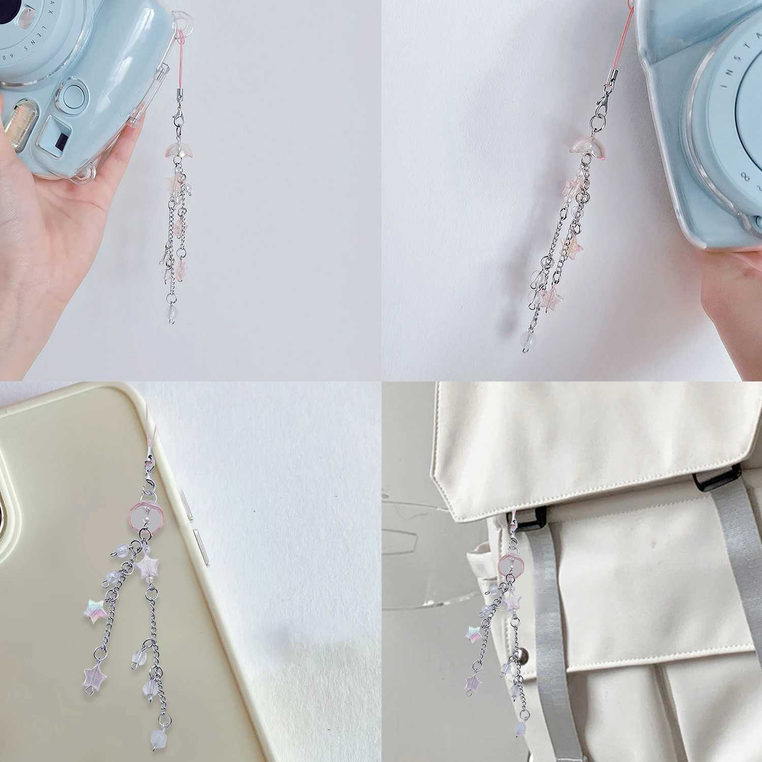 Ocean themed inspiration hollow star pendant blue jellyfish mobile phone charm hanging rope cute mobile phone chain with Y2K bead key chainXJ250319