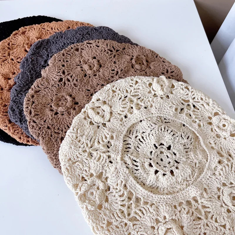 Ancient Hand Crochet Cotton Beanie Beret Women Summer Hollow Breathable Knitted Hat 3D Flower Painter Hat 250320